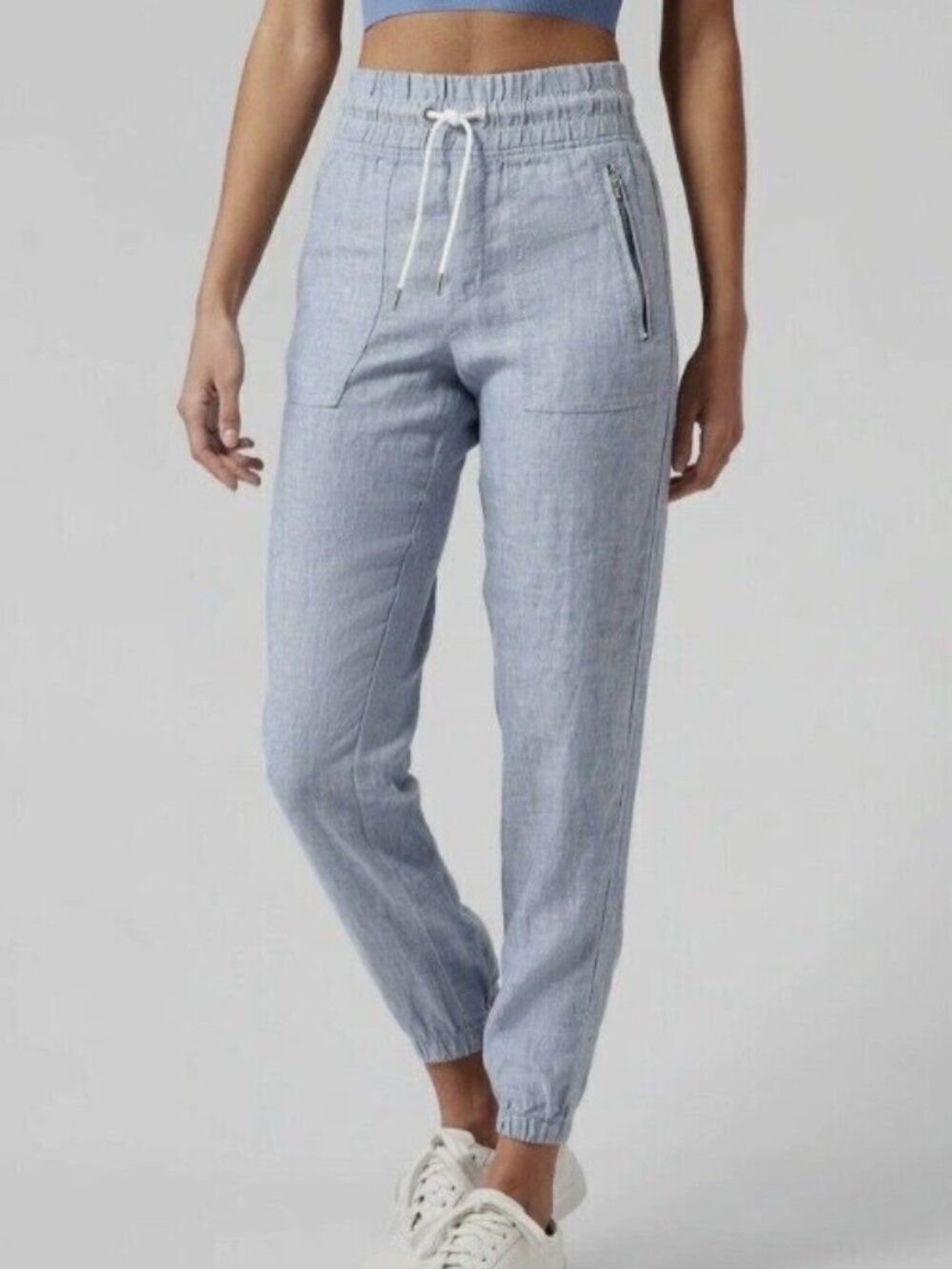 Athleta Cabo Linen Summer Resort Jogger Pants Chambray Blue 10 Tall